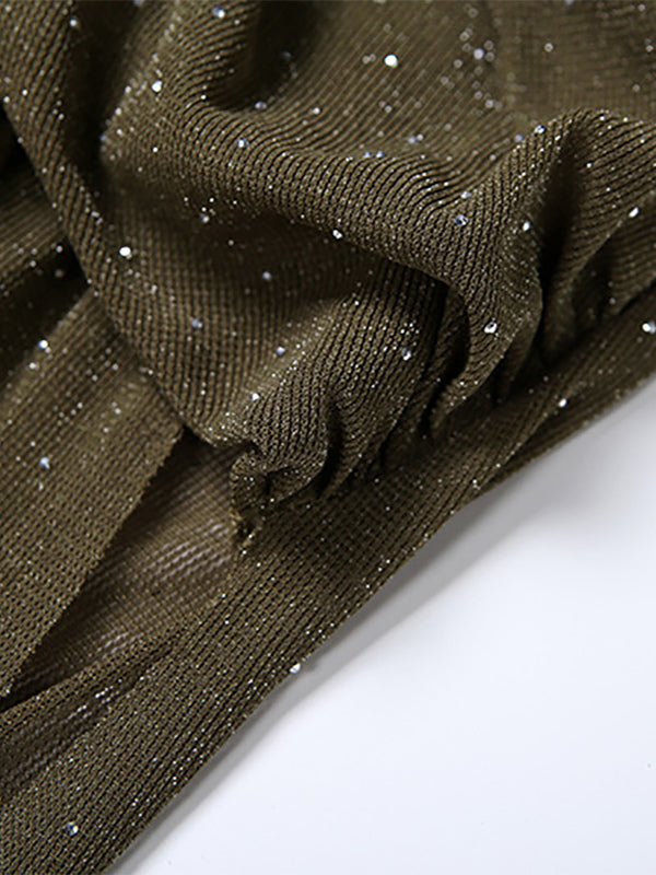 Halter Deep V Neck Maxi Dress For Women - Olive Green Glitter High Slit Backless Sheer Gown - Summer Night Out Club Party 2026