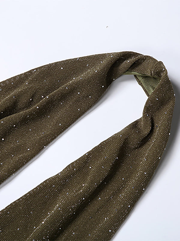 Halter Deep V Neck Maxi Dress For Women - Olive Green Glitter High Slit Backless Sheer Gown - Summer Night Out Club Party 2026