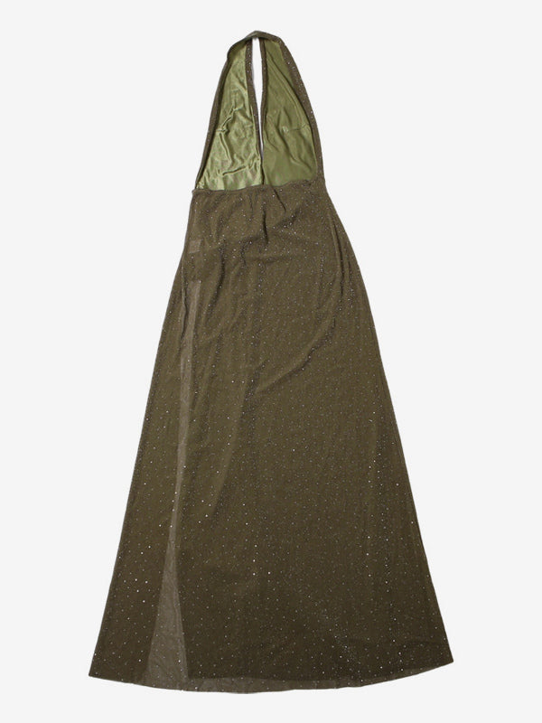 Halter Deep V Neck Maxi Dress For Women - Olive Green Glitter High Slit Backless Sheer Gown - Summer Night Out Club Party 2026