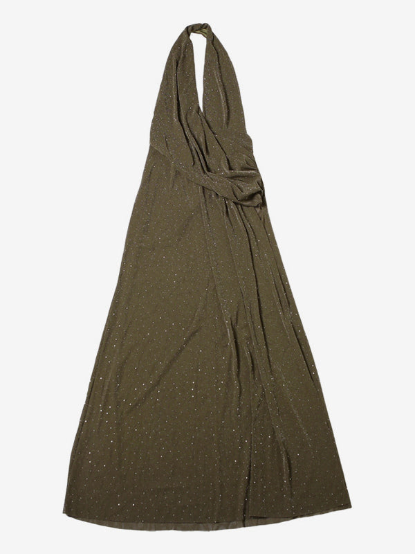 Halter Deep V Neck Maxi Dress For Women - Olive Green Glitter High Slit Backless Sheer Gown - Summer Night Out Club Party 2026