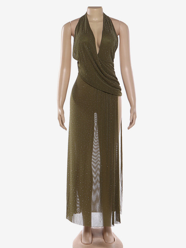 Halter Deep V Neck Maxi Dress For Women - Olive Green Glitter High Slit Backless Sheer Gown - Summer Night Out Club Party 2026