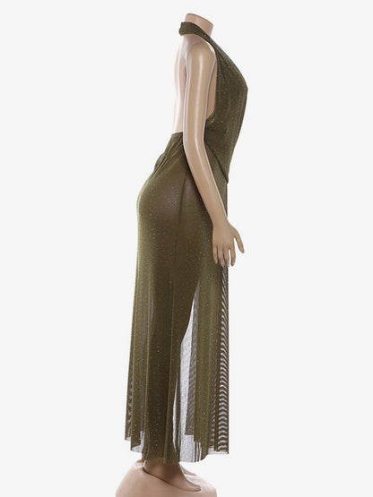 Halter Deep V Neck Maxi Dress For Women - Olive Green Glitter High Slit Backless Sheer Gown - Summer Night Out Club Party 2026