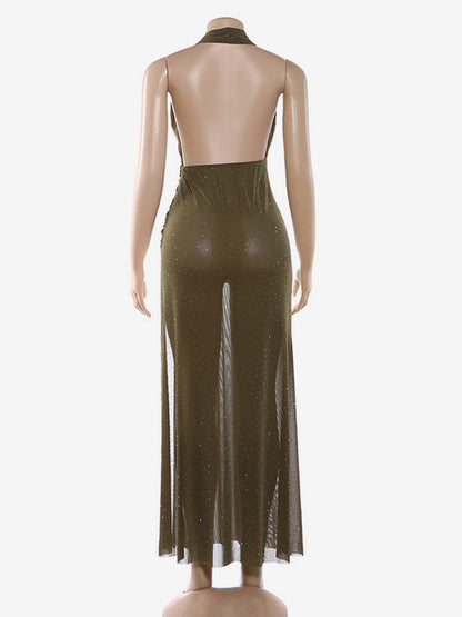 Halter Deep V Neck Maxi Dress For Women - Olive Green Glitter High Slit Backless Sheer Gown - Summer Night Out Club Party 2026