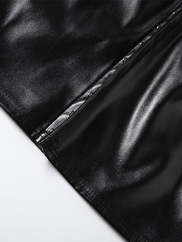 Faux Leather Crop Top For Women - Black Sexy Cutout Mock Neck Short Sleeve Top - Summer Rave Clubwear 2026
