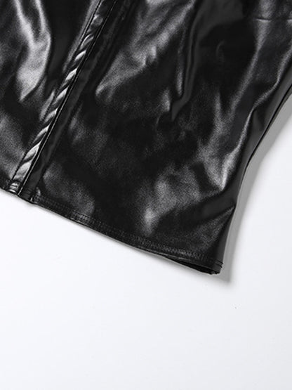 Faux Leather Crop Top For Women - Black Sexy Cutout Mock Neck Short Sleeve Top - Summer Rave Clubwear 2026