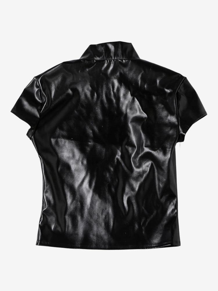Faux Leather Crop Top For Women - Black Sexy Cutout Mock Neck Short Sleeve Top - Summer Rave Clubwear 2026