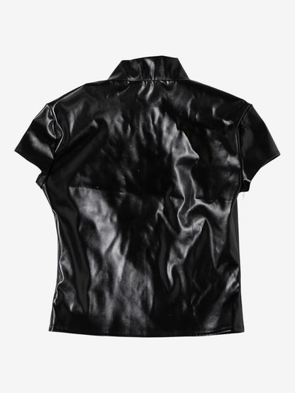 Faux Leather Crop Top For Women - Black Sexy Cutout Mock Neck Short Sleeve Top - Summer Rave Clubwear 2026