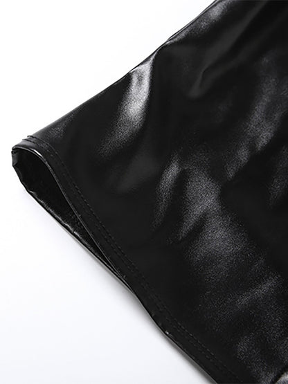 Faux Leather Crop Top For Women - Black Sexy Cutout Mock Neck Short Sleeve Top - Summer Rave Clubwear 2026