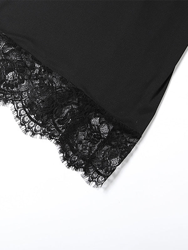 Lace Trim Slip Dress For Women - Black Ribbed Sleeveless Cami Mini Sundress - Summer Party Night Out 2026