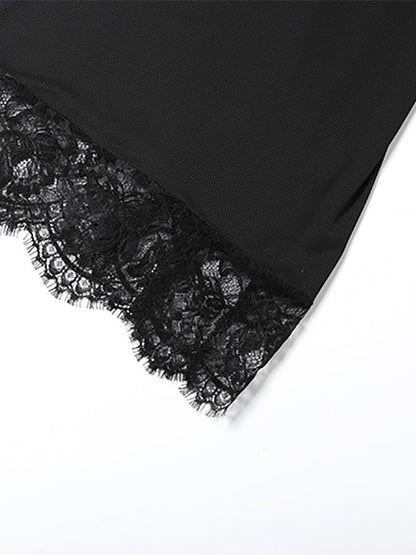 Lace Trim Slip Dress For Women - Black Ribbed Sleeveless Cami Mini Sundress - Summer Party Night Out 2026