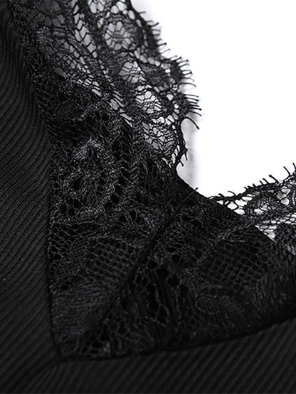 Lace Trim Slip Dress For Women - Black Ribbed Sleeveless Cami Mini Sundress - Summer Party Night Out 2026