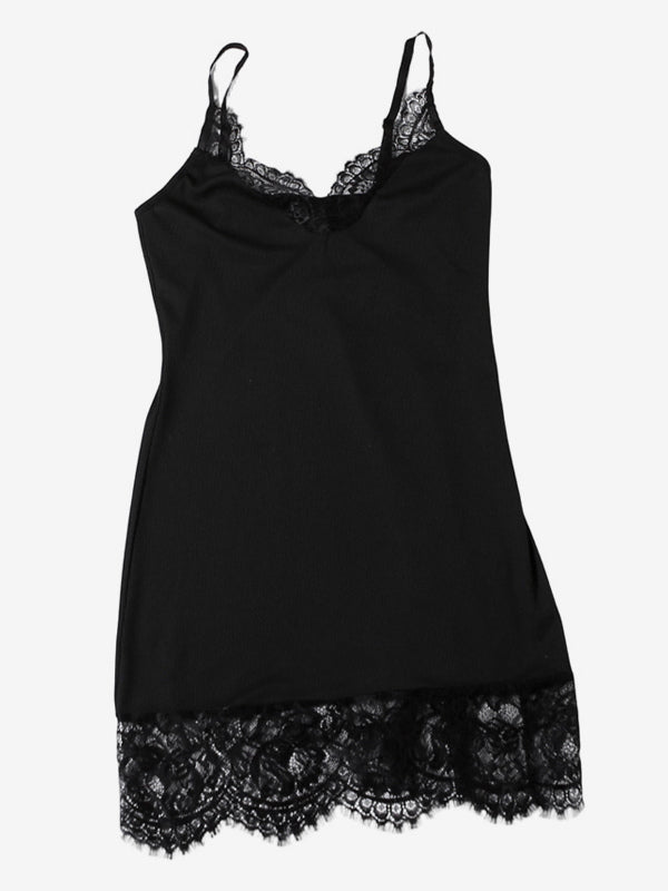 Lace Trim Slip Dress For Women - Black Ribbed Sleeveless Cami Mini Sundress - Summer Party Night Out 2026