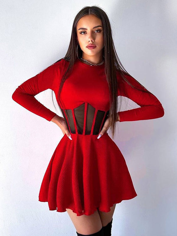 Mesh Corset Mini Dress For Women - Long Sleeve Ribbed Skater Dress - Spring Night Out Club Party 2026