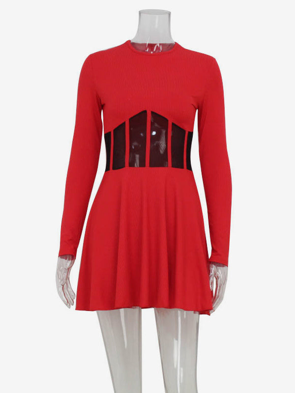 Mesh Corset Mini Dress For Women - Long Sleeve Ribbed Skater Dress - Spring Night Out Club Party 2026