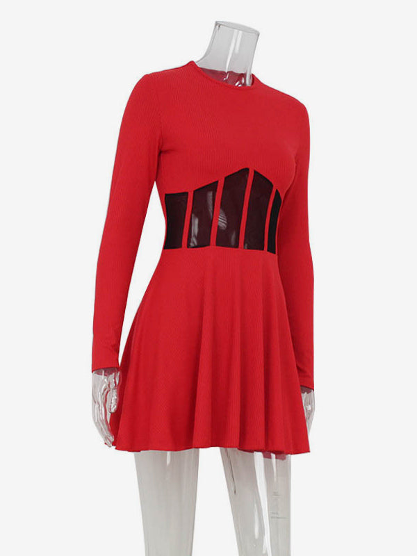 Mesh Corset Mini Dress For Women - Long Sleeve Ribbed Skater Dress - Spring Night Out Club Party 2026
