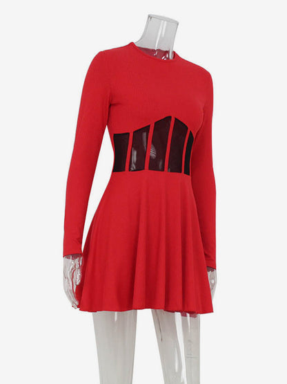Mesh Corset Mini Dress For Women - Long Sleeve Ribbed Skater Dress - Spring Night Out Club Party 2026