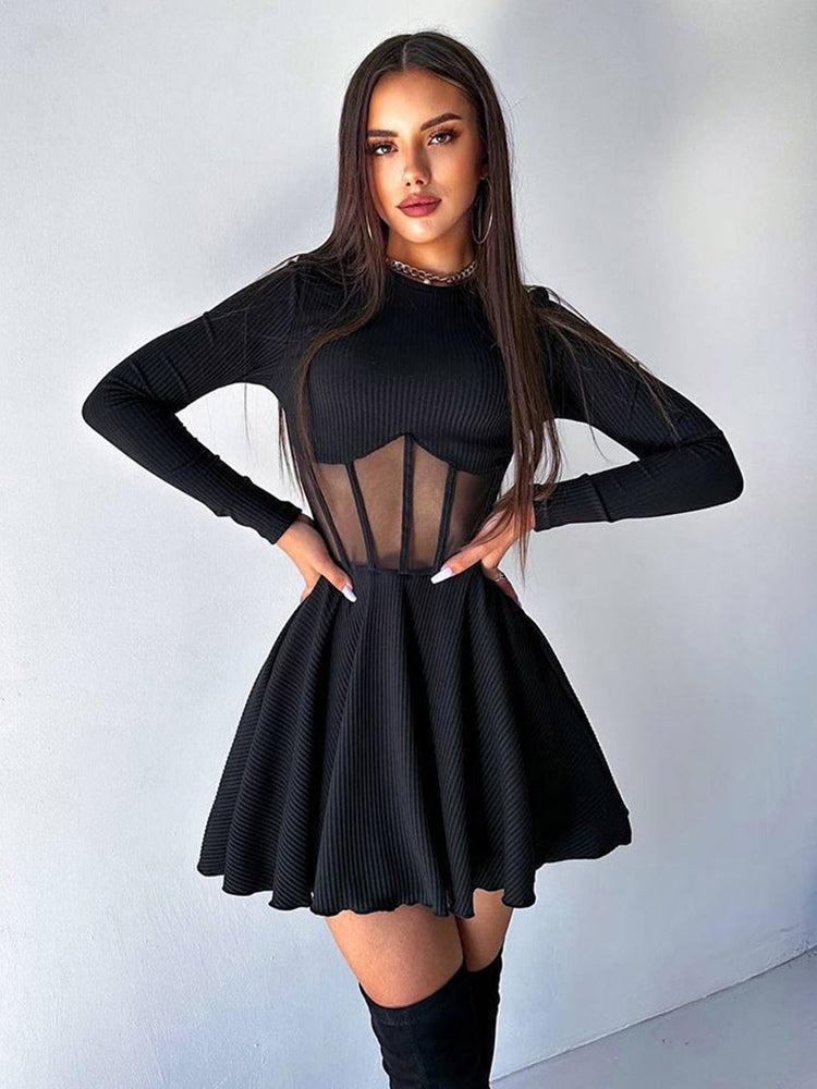 Mesh Corset Mini Dress For Women - Long Sleeve Ribbed Skater Dress - Spring Night Out Club Party 2026