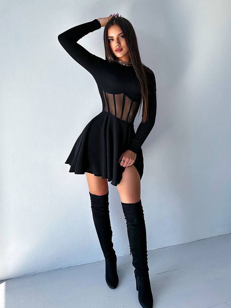 Mesh Corset Mini Dress For Women - Long Sleeve Ribbed Skater Dress - Spring Night Out Club Party 2026