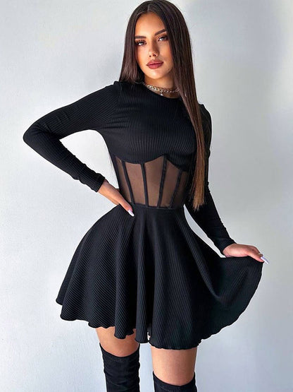 Mesh Corset Mini Dress For Women - Long Sleeve Ribbed Skater Dress - Spring Night Out Club Party 2026