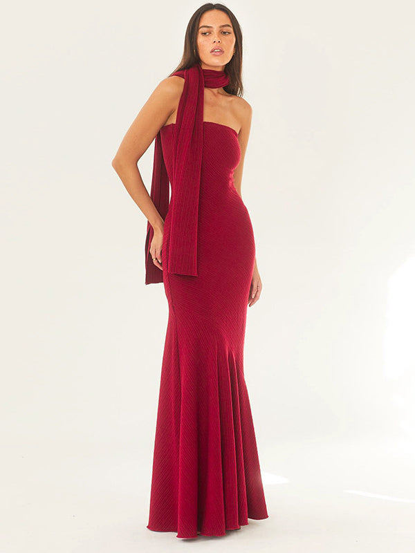Minimalist Scarf Neck Strapless Dress For Women - Elegant Mermaid Maxi Gown - Spring Formal Evening Gala 2026
