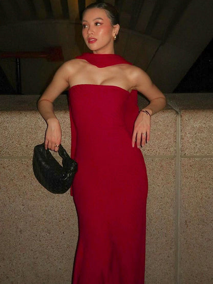 Minimalist Scarf Neck Strapless Dress For Women - Elegant Mermaid Maxi Gown - Spring Formal Evening Gala 2026