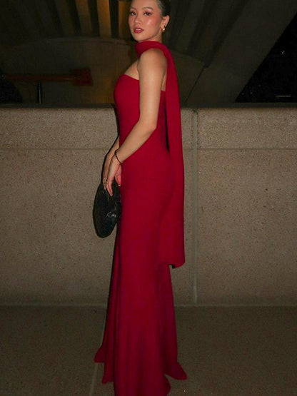 Minimalist Scarf Neck Strapless Dress For Women - Elegant Mermaid Maxi Gown - Spring Formal Evening Gala 2026