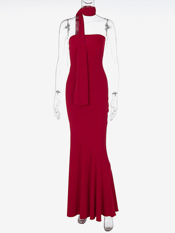 Minimalist Scarf Neck Strapless Dress For Women - Elegant Mermaid Maxi Gown - Spring Formal Evening Gala 2026