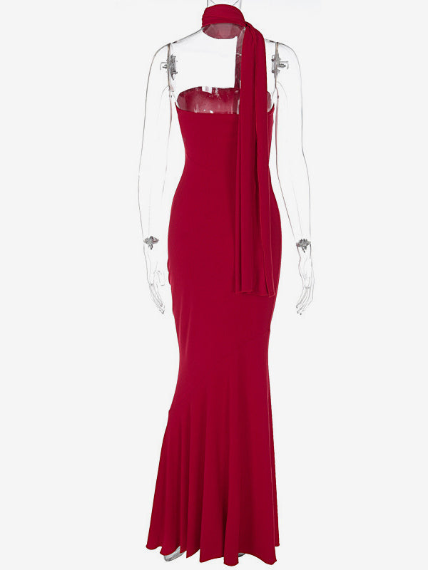 Minimalist Scarf Neck Strapless Dress For Women - Elegant Mermaid Maxi Gown - Spring Formal Evening Gala 2026