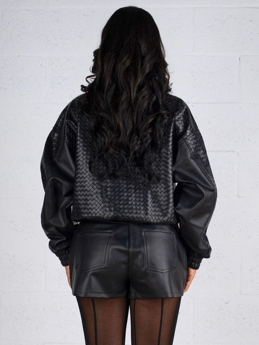 Woven Pattern Faux Leather Bomber For Women - Textured Zip Up Cropped Jacket - Spring Biker Streetwear 2026