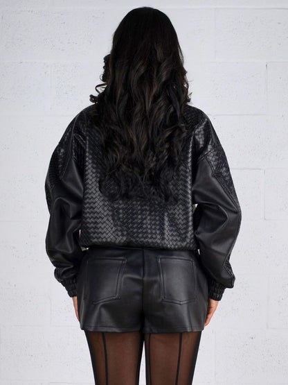 Woven Pattern Faux Leather Bomber For Women - Textured Zip Up Cropped Jacket - Spring Biker Streetwear 2026