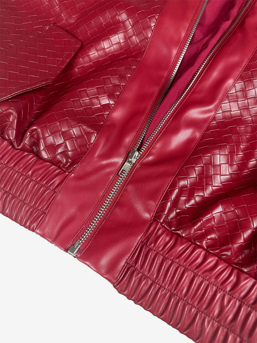 Woven Pattern Faux Leather Bomber For Women - Textured Zip Up Cropped Jacket - Spring Biker Streetwear 2026