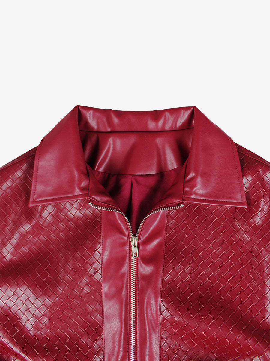 Woven Pattern Faux Leather Bomber For Women - Textured Zip Up Cropped Jacket - Spring Biker Streetwear 2026