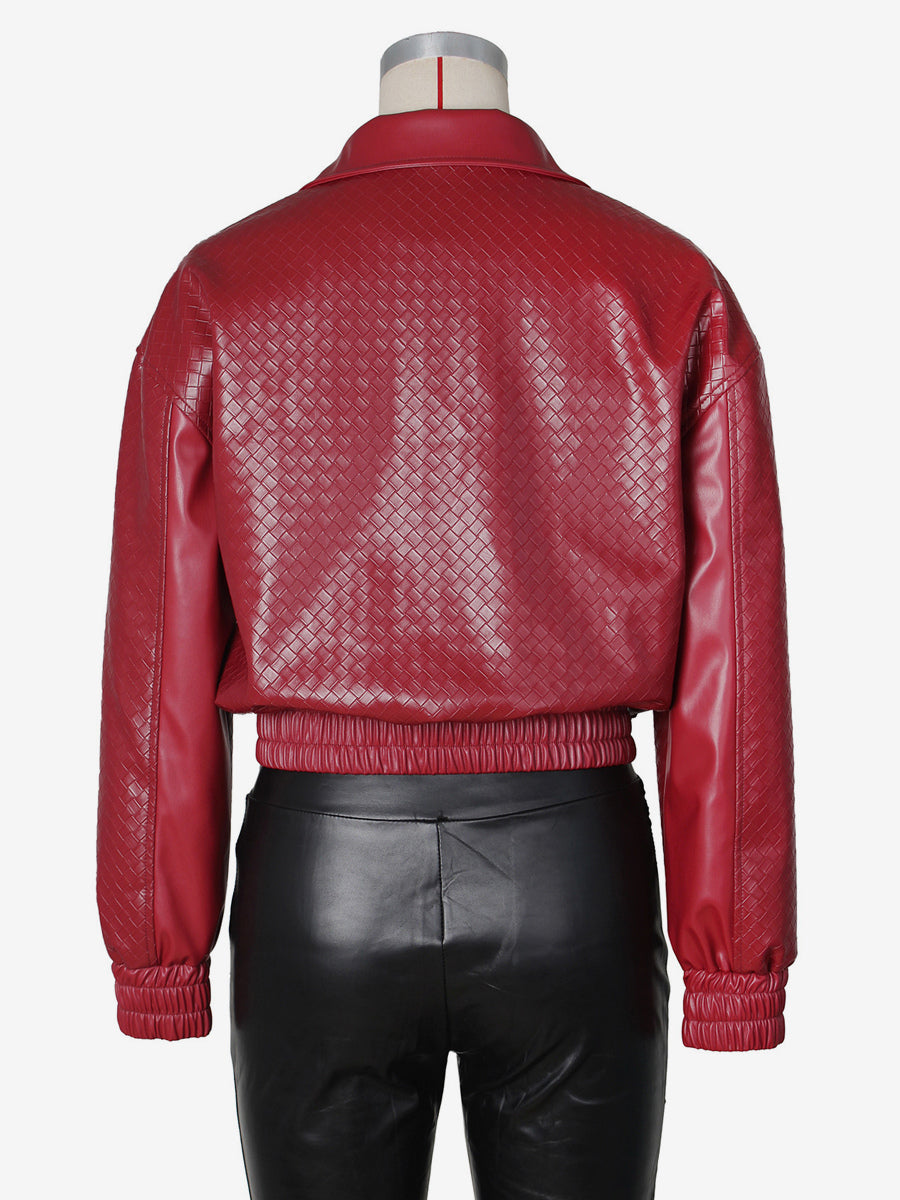 Woven Pattern Faux Leather Bomber For Women - Textured Zip Up Cropped Jacket - Spring Biker Streetwear 2026