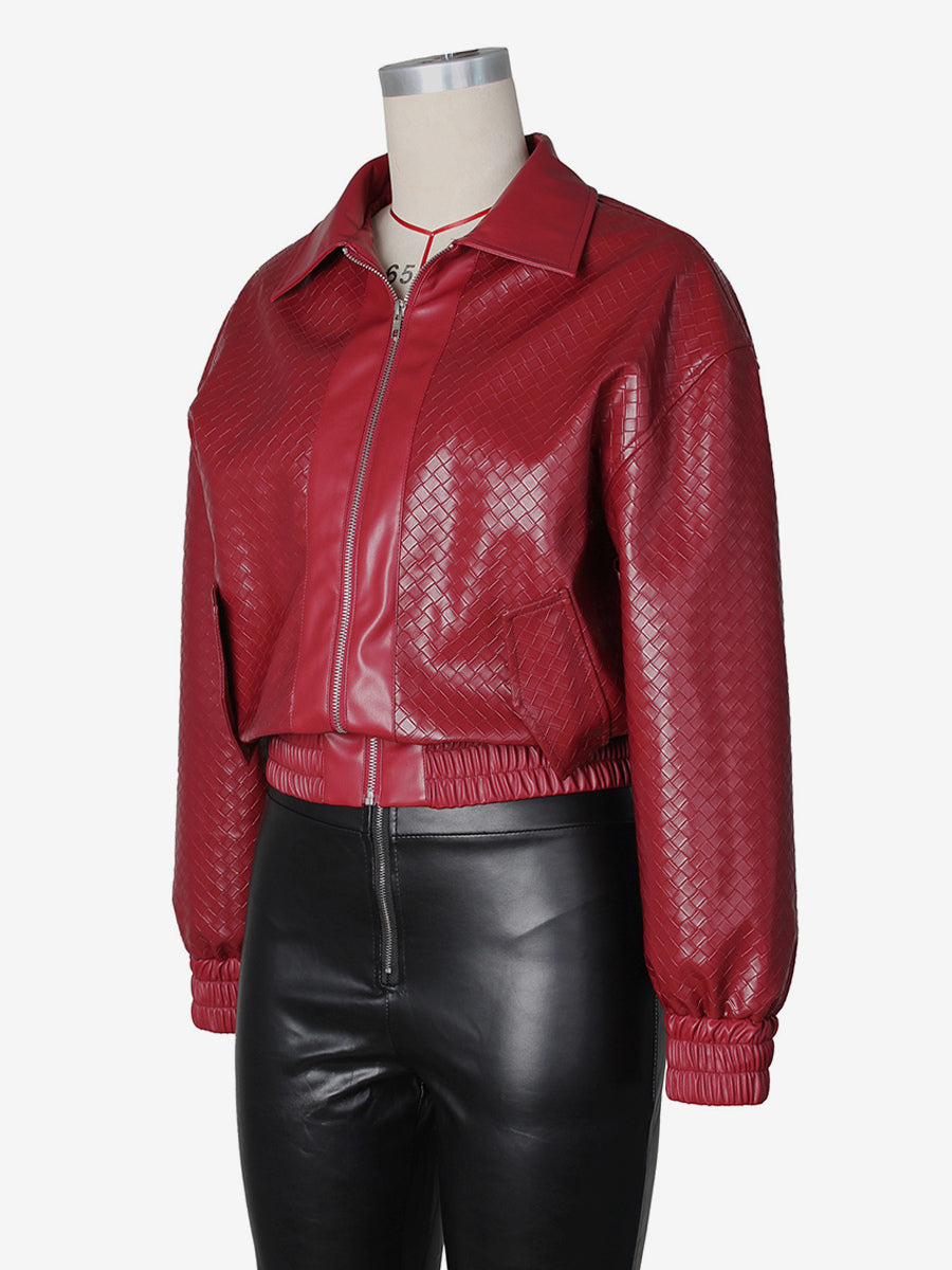 Woven Pattern Faux Leather Bomber For Women - Textured Zip Up Cropped Jacket - Spring Biker Streetwear 2026