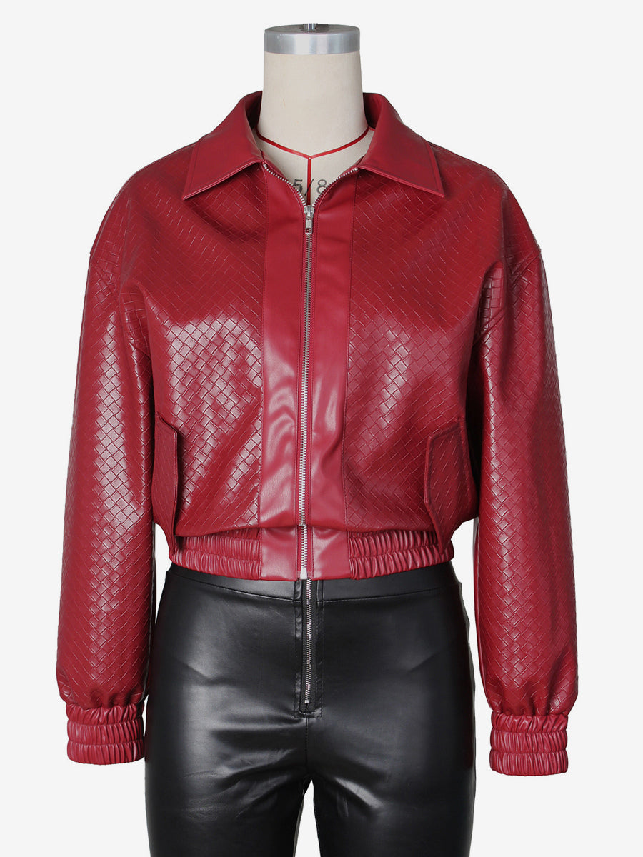 Woven Pattern Faux Leather Bomber For Women - Textured Zip Up Cropped Jacket - Spring Biker Streetwear 2026