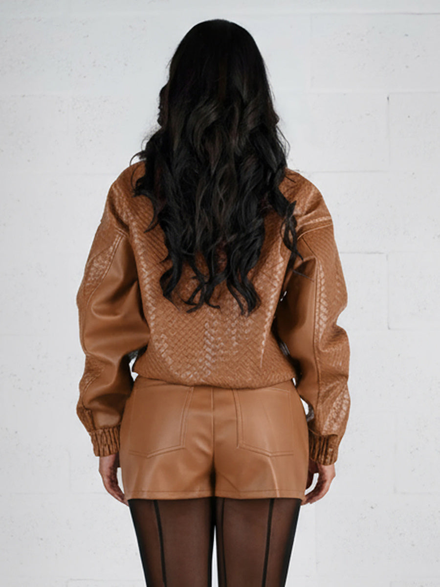 Woven Pattern Faux Leather Bomber For Women - Textured Zip Up Cropped Jacket - Spring Biker Streetwear 2026
