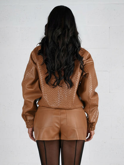 Woven Pattern Faux Leather Bomber For Women - Textured Zip Up Cropped Jacket - Spring Biker Streetwear 2026