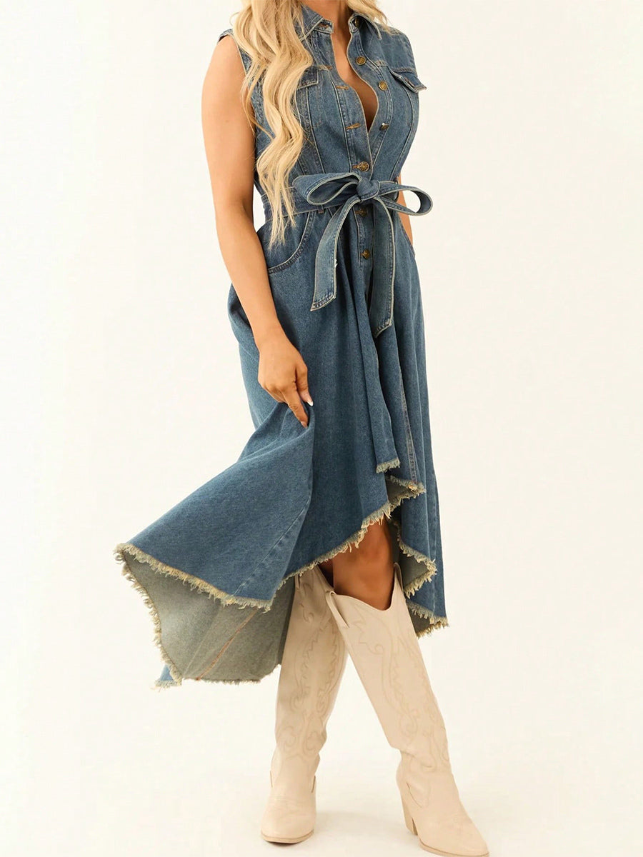 High Low Denim Midi Dress For Women - Medium Wash Sleeveless Bow Tie Waist Gown With Pockets - Summer Festival Wear 2026