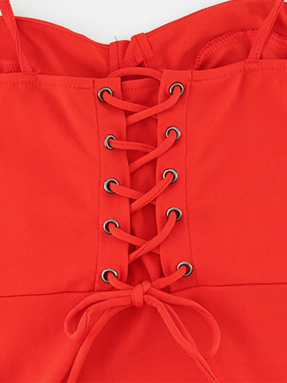 Red Bodycon Ruffle Slip Dress For Women - Slim Fit High Slit Asymmetrical Long Cami - Summer Night Out Party 2026