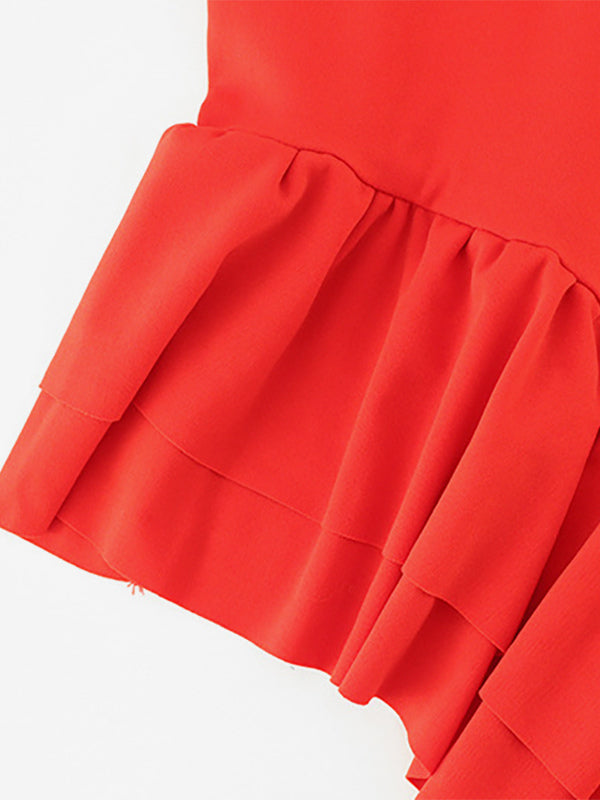 Red Bodycon Ruffle Slip Dress For Women - Slim Fit High Slit Asymmetrical Long Cami - Summer Night Out Party 2026
