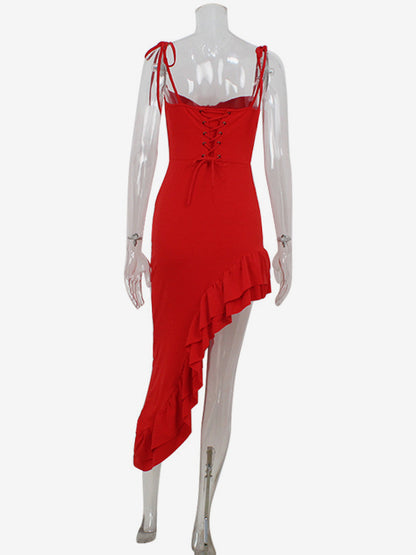 Red Bodycon Ruffle Slip Dress For Women - Slim Fit High Slit Asymmetrical Long Cami - Summer Night Out Party 2026