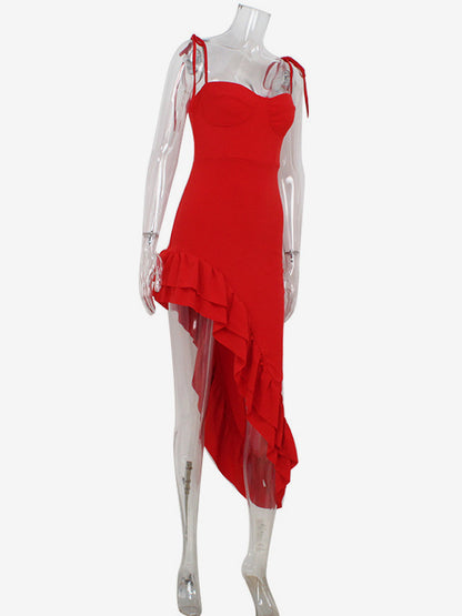 Red Bodycon Ruffle Slip Dress For Women - Slim Fit High Slit Asymmetrical Long Cami - Summer Night Out Party 2026