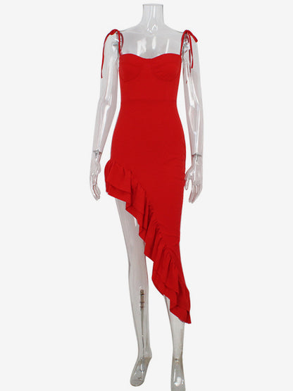 Red Bodycon Ruffle Slip Dress For Women - Slim Fit High Slit Asymmetrical Long Cami - Summer Night Out Party 2026