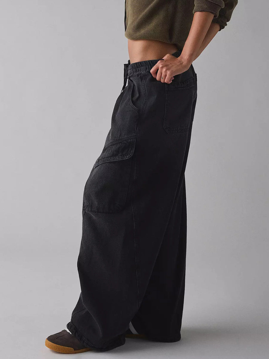 Baggy Cargo Jeans For Women - Washed Retro Y2K Low Rise Drawstring Wide Leg Pants - Spring Streetwear 2026