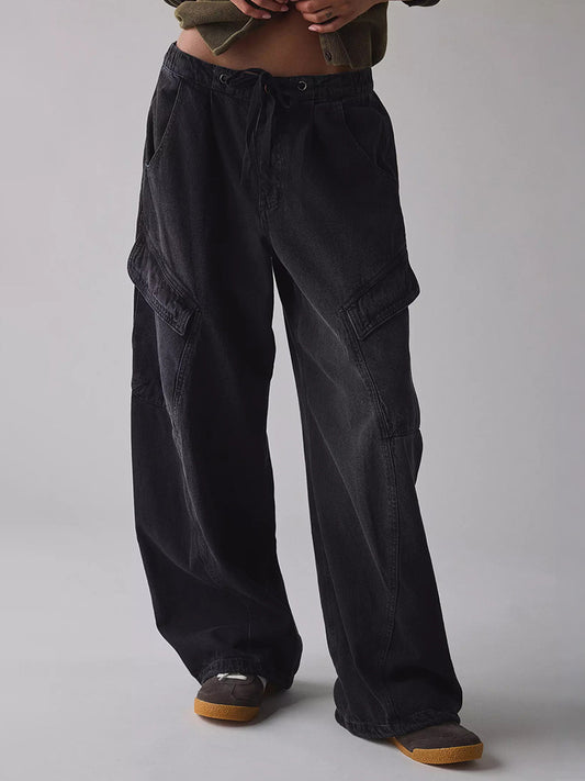 Baggy Cargo Jeans For Women - Washed Retro Y2K Low Rise Drawstring Wide Leg Pants - Spring Streetwear 2026