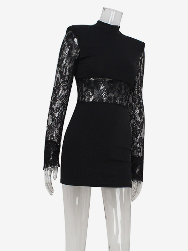 Sheer Lace Patchwork Mini Dress For Women - Bodycon High Neck Padded Shoulder Gown - Spring Night Out Party Clubwear 2026