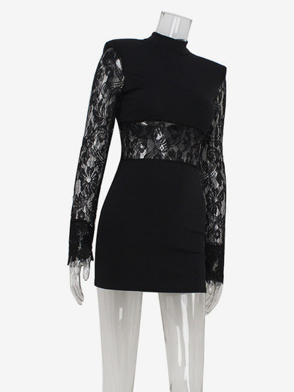 Sheer Lace Patchwork Mini Dress For Women - Bodycon High Neck Padded Shoulder Gown - Spring Night Out Party Clubwear 2026