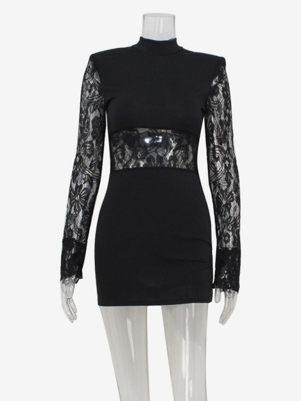 Sheer Lace Patchwork Mini Dress For Women - Bodycon High Neck Padded Shoulder Gown - Spring Night Out Party Clubwear 2026