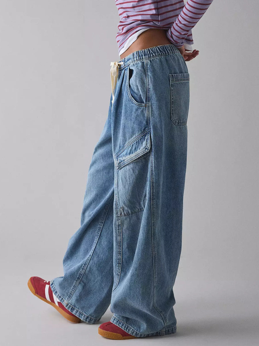 Baggy Cargo Jeans For Women - Washed Retro Y2K Low Rise Drawstring Wide Leg Pants - Spring Streetwear 2026