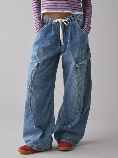 Baggy Cargo Jeans For Women - Washed Retro Y2K Low Rise Drawstring Wide Leg Pants - Spring Streetwear 2026